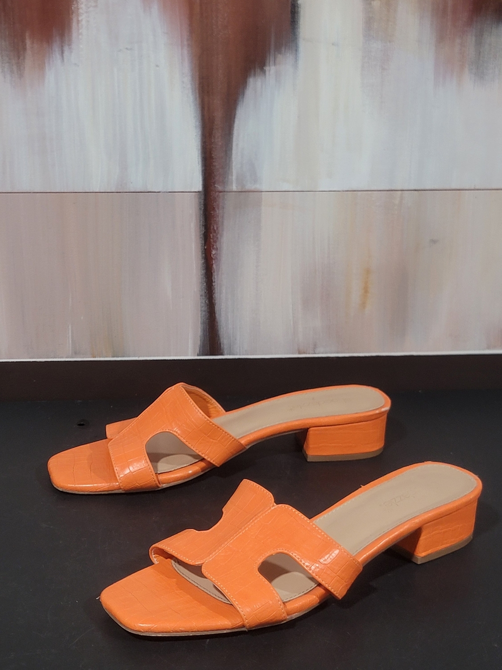 Shoe Dazzle Orange Faux-Croc Slide Heeled Sandals